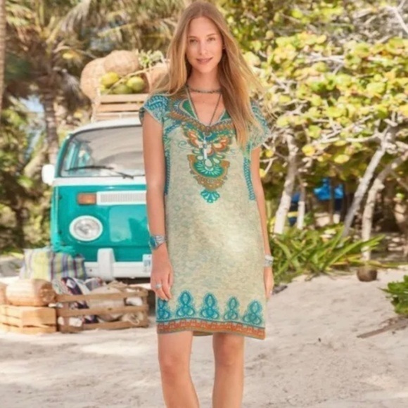 Sundance 100% Silk Mini Dress Green Geo Print Short Sleeve Size XS - Picture 1 of 7